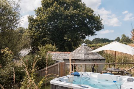 Upper terrace of garden with hot tub