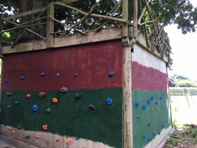 Climbing wall, tree house, mud kitchen