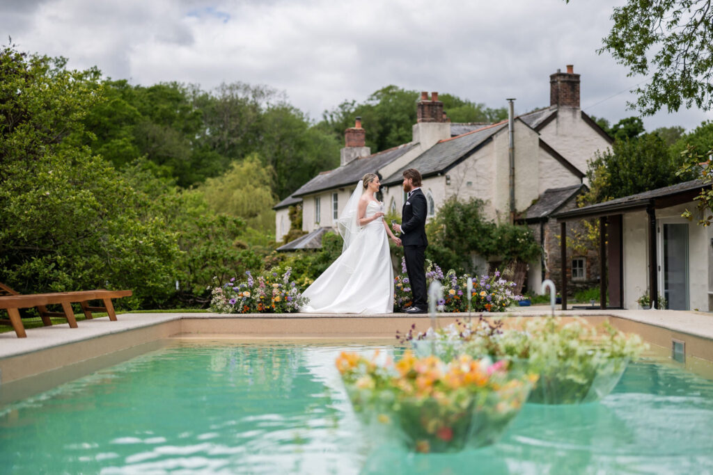 Pool side wedding in Cornwall